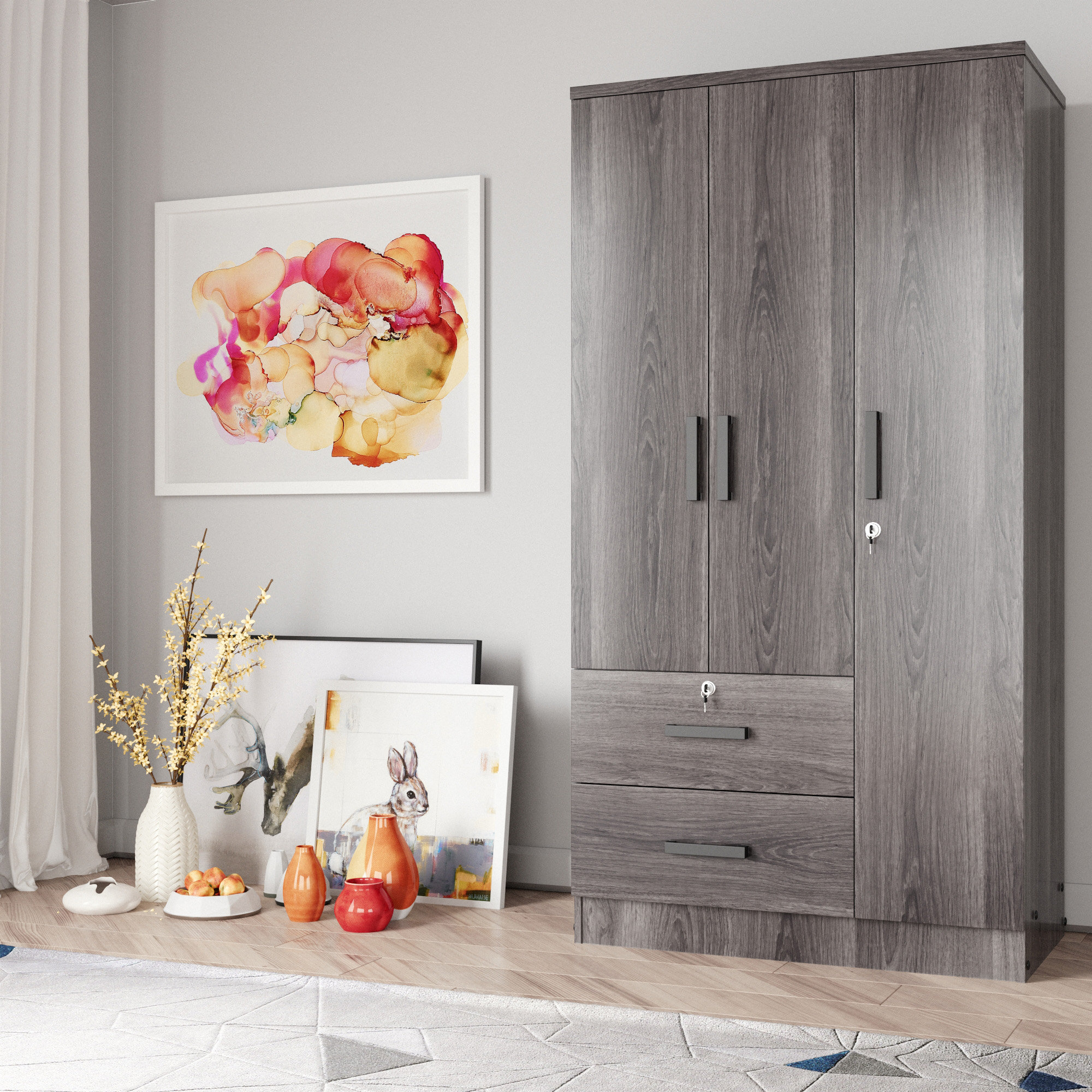 Ebern Designs 3 Doors Wardrobe 2 Drawers 1 Lock 36W